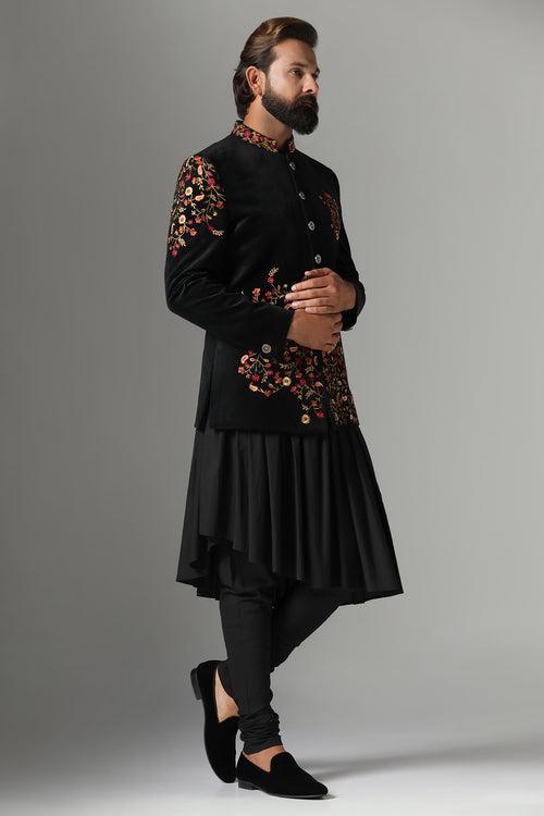 Black Velvet Embroidered Bandhgala Suit