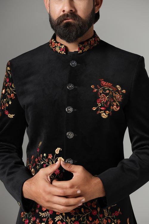 Black Velvet Embroidered Bandhgala Suit