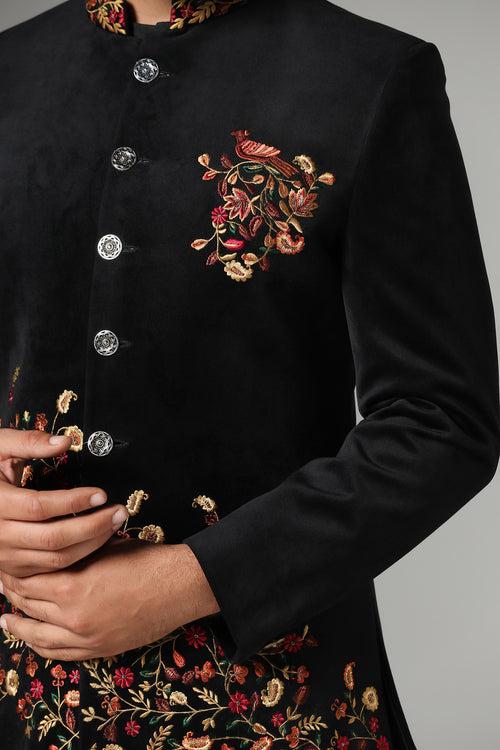 Black Velvet Embroidered Bandhgala Suit