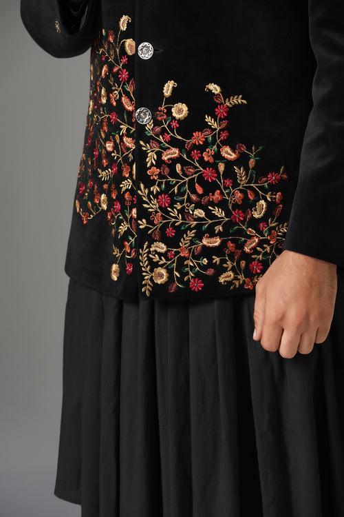 Black Velvet Embroidered Bandhgala Suit