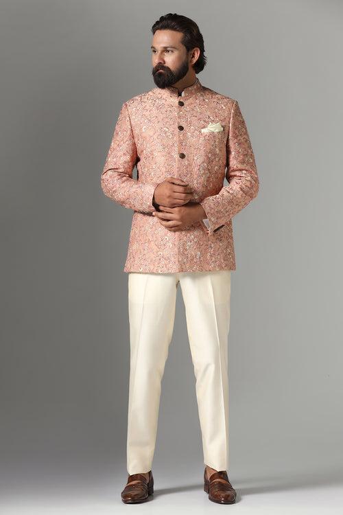 Light Orange Embroidered Bandhgala suit