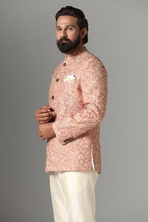 Light Orange Embroidered Bandhgala suit