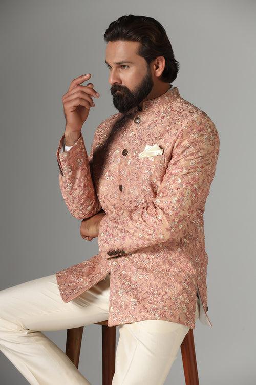 Light Orange Embroidered Bandhgala suit