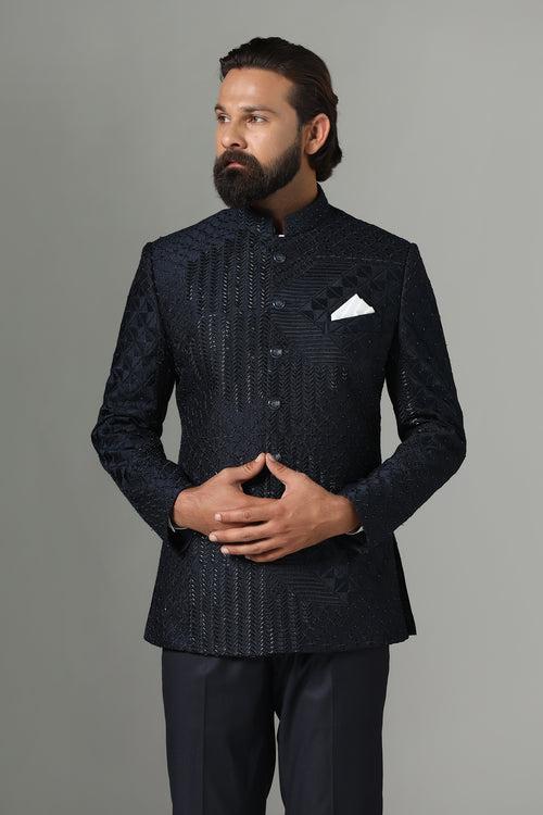 Navy Blue Embroidered Bandhgala