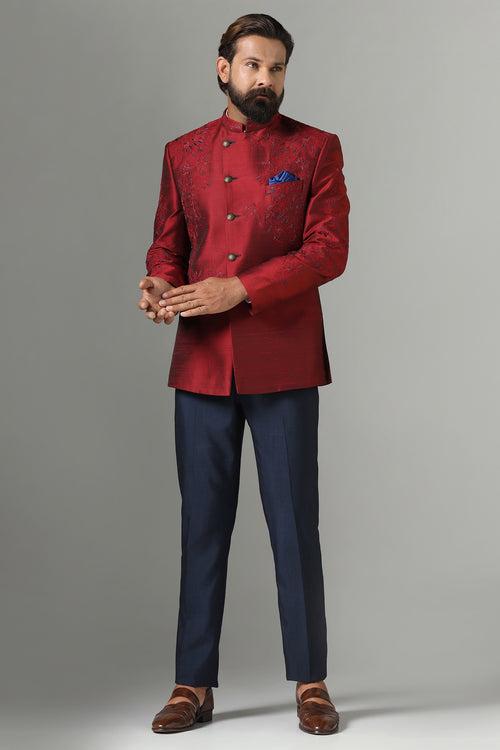 Red Floral Embroidered Bandhgala