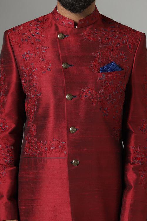 Red Floral Embroidered Bandhgala