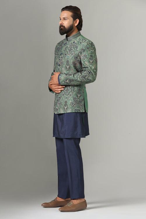 Green Embroidered Bandhgala Suit