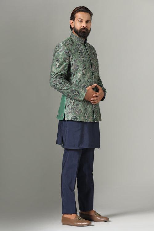 Green Embroidered Bandhgala Suit