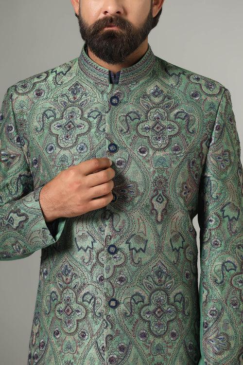 Green Embroidered Bandhgala Suit