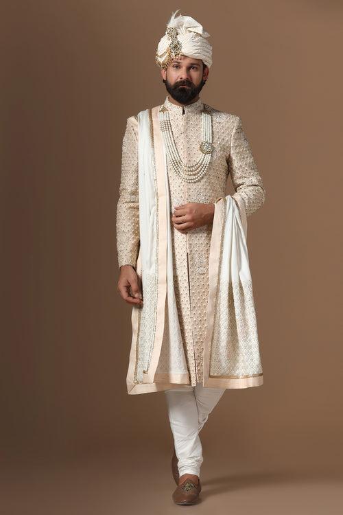 Light Peach Embroidered Sherwani