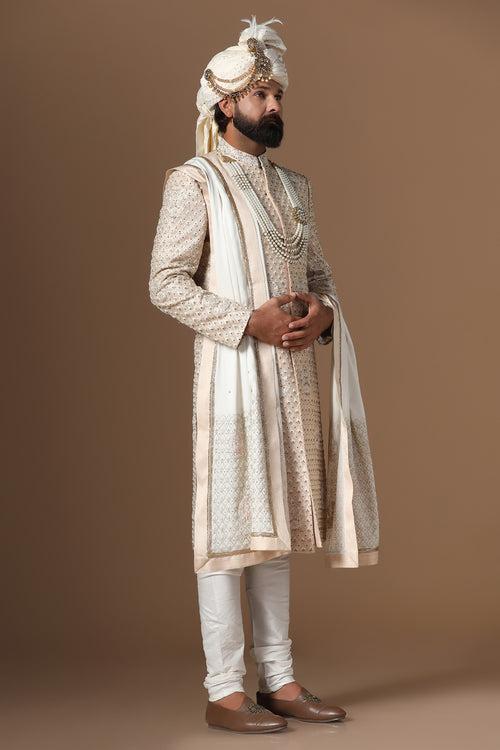 Light Peach Embroidered Sherwani