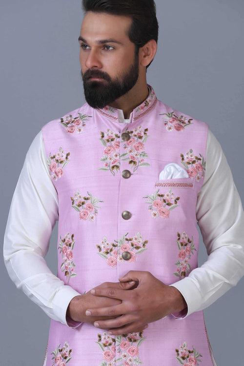 Pink Embroidered Nehru Jacket Set