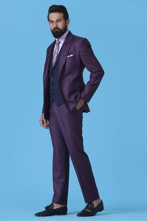 Wine Checkered 3 Piece Suit