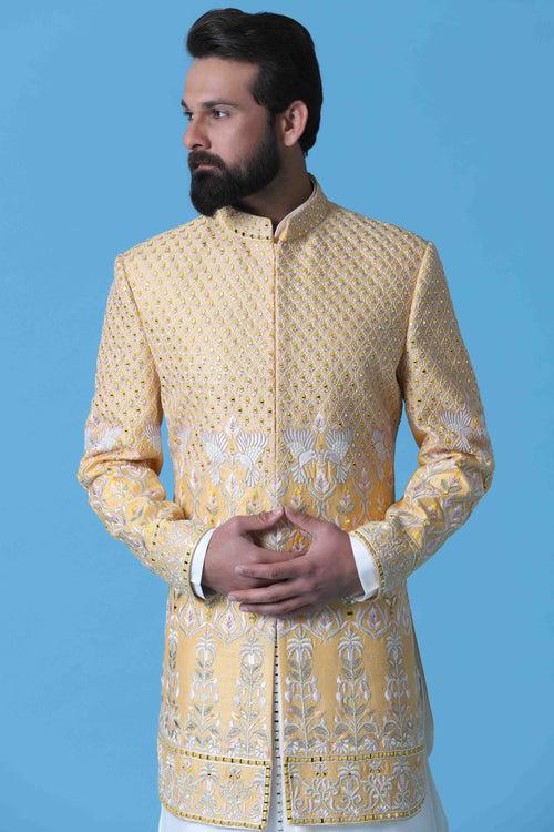 Yellow Embroidered Indowestern