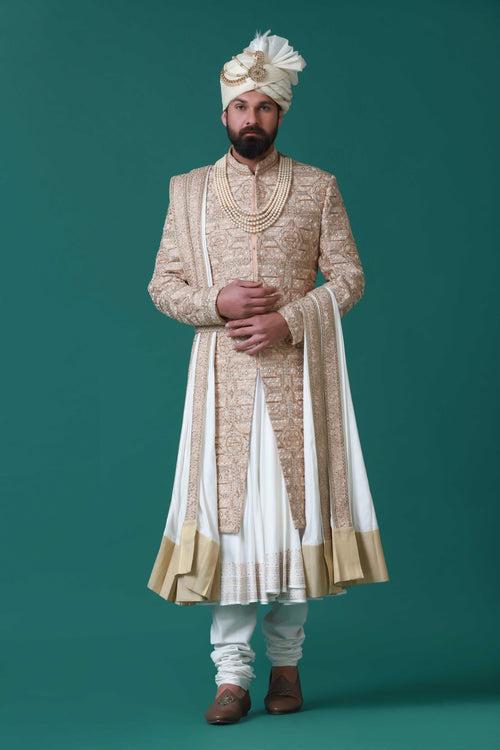 Beige Sherwani with Geometric Embroidery