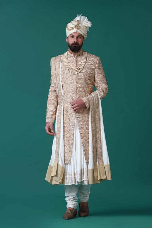 Beige Sherwani with Geometric Embroidery