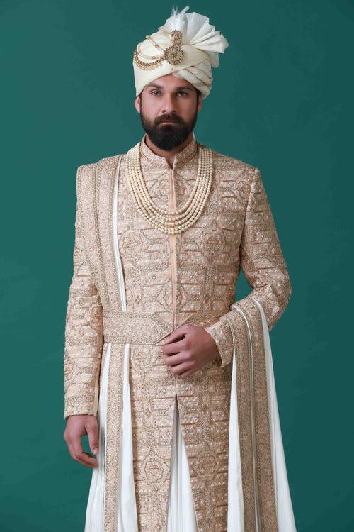 Beige Sherwani with Geometric Embroidery