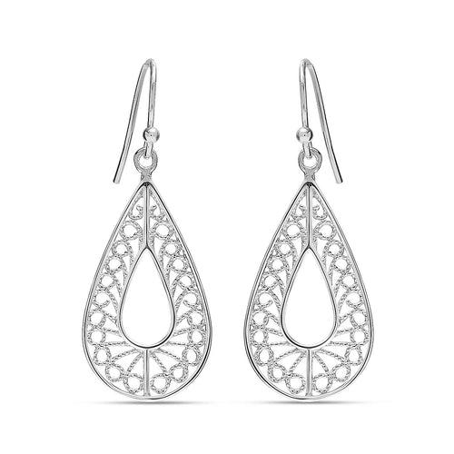 925 Sterling Silver Long French Wire Lightweight Classic Filigree Teardrop Drop Dangle Earrings for Women