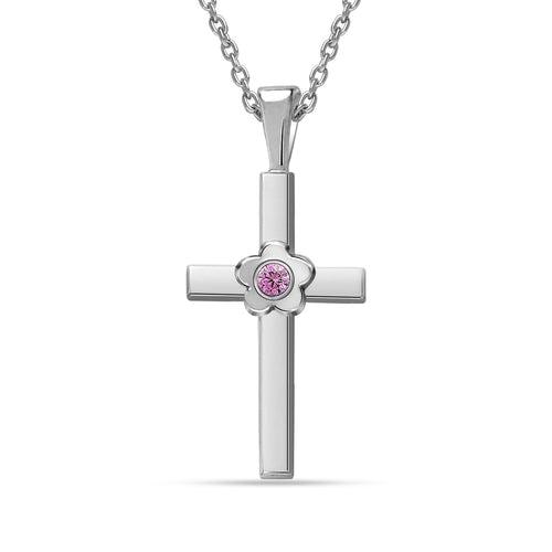 925 Sterling Silver Crucifix Pink Zirconia Flower Cross Charm Pendant Necklace for Preteens and Women