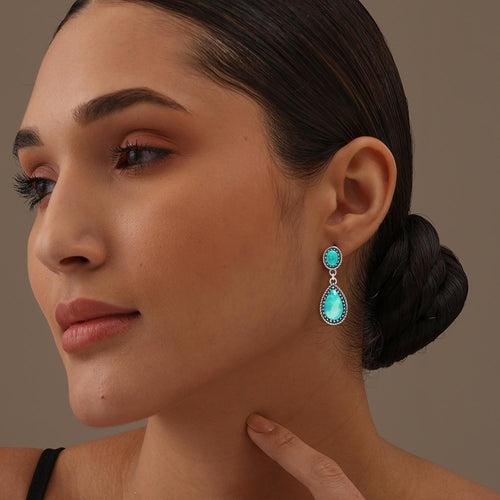 925 Sterling Silver Antique Pear Shaped Gemstone Vintage Inspired Turquoise Teardrop Stud Drop Dangle Earrings for Women