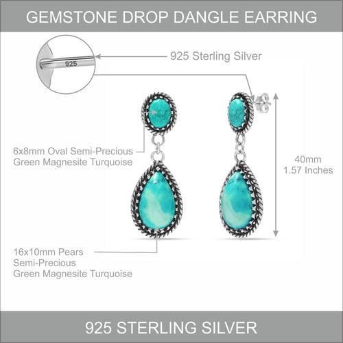 925 Sterling Silver Antique Pear Shaped Gemstone Vintage Inspired Turquoise Teardrop Stud Drop Dangle Earrings for Women