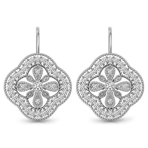 925 Sterling Silver Rhodium Plated Zirconia Openwork Clover Leverback Drop Dangle Earrings for Women