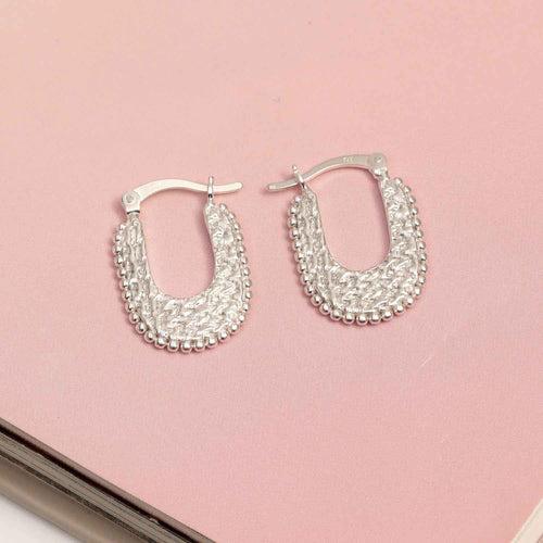 925 Sterling Silver U Shape Chunky Thick Beaded Texuted Small Click-Top Hoop Earrings for Women Teen