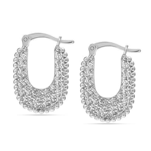 925 Sterling Silver U Shape Chunky Thick Beaded Texuted Small Click-Top Hoop Earrings for Women Teen