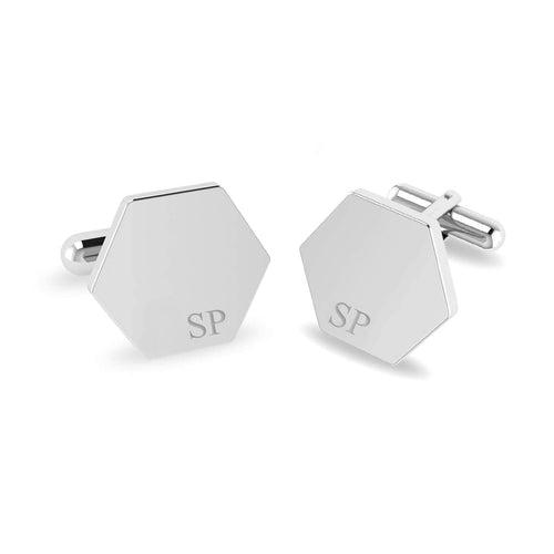 925 Sterling Silver Personalised Engraved Alphabet Initial Hexagon Cufflink for Men and Boys