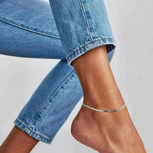 925 Sterling Silver Solid Flexible Flat Herringbone Lightweight Link Chain Anklet for Women 1PC