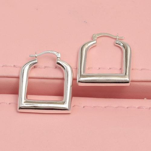 925 Sterling Silver Geometric U Shaped Minimalist Classic Rectangle Shape Chunky Click-Top Hoop Earrings for Women