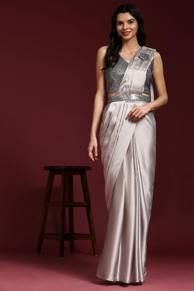 Ready To Wear Silver Glam Satin Saree with Stitched Blouse