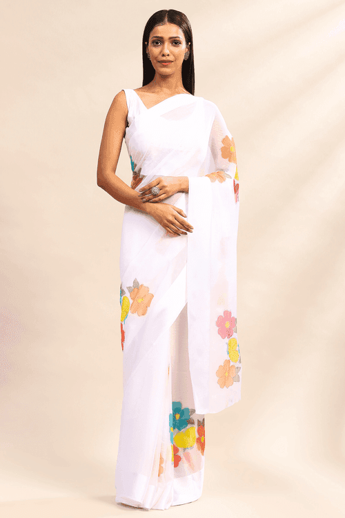 Pearl Blossom Saree | Ready to Wear White Chiffon Saree