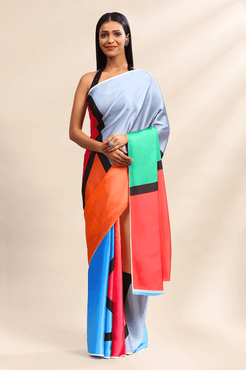 Color-Blocked Multicolor Satin Saree