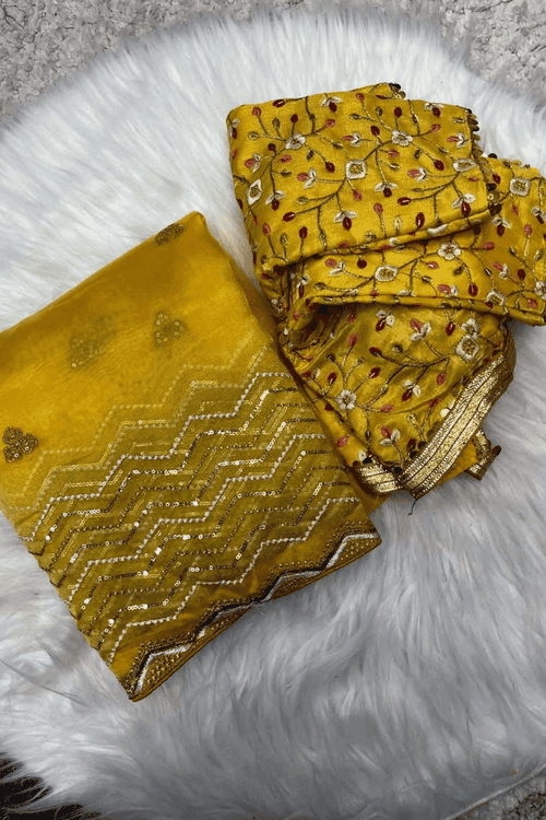 Ready to Wear Yellow Organza Saree with Stitched Blouse