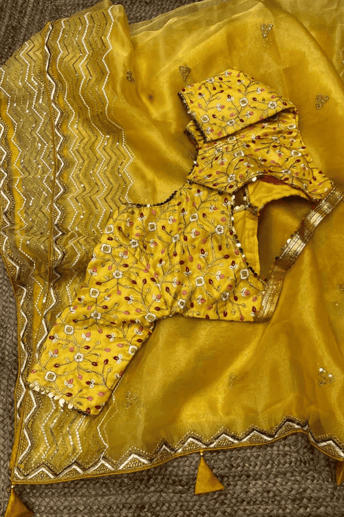 Ready to Wear Yellow Organza Saree with Stitched Blouse