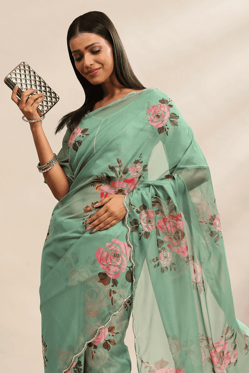 Pale Jade Saree | Pre Stitched Green Organza Saree with Stitched Blouse