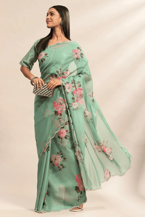 Pale Jade Saree | Pre Stitched Green Organza Saree with Stitched Blouse