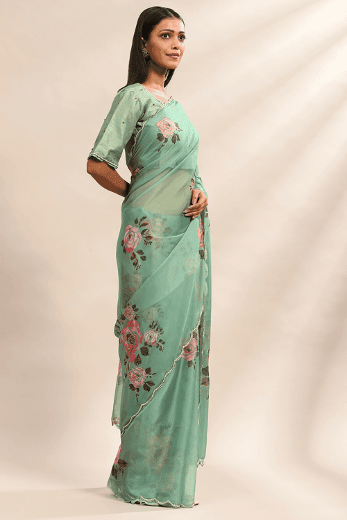 Pale Jade Saree | Pre Stitched Green Organza Saree with Stitched Blouse