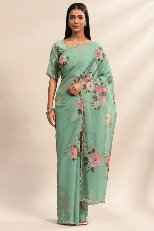 Pale Jade Saree | Pre Stitched Green Organza Saree with Stitched Blouse