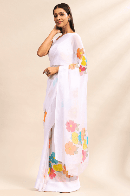 Pearl Blossom Saree | Ready to Wear White Chiffon Saree