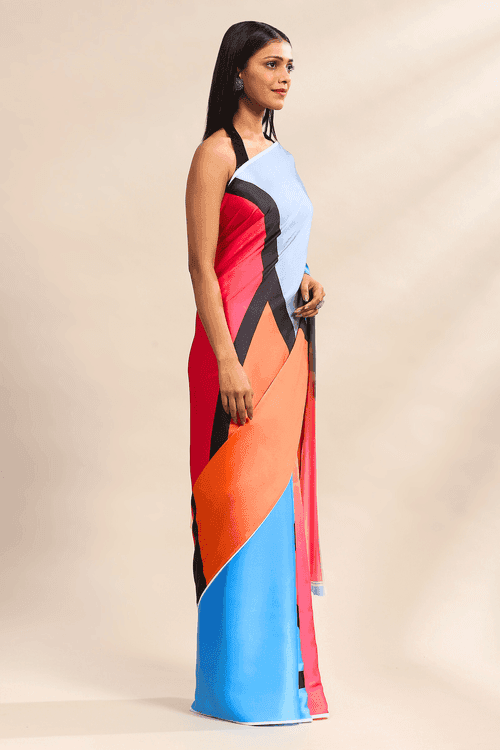 Color-Blocked Multicolor Satin Saree