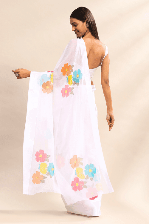 Pearl Blossom Saree | Ready to Wear White Chiffon Saree