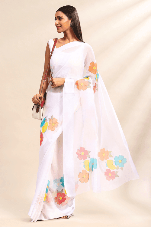 Pearl Blossom Saree | Ready to Wear White Chiffon Saree