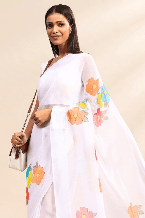 Pearl Blossom Saree | Ready to Wear White Chiffon Saree