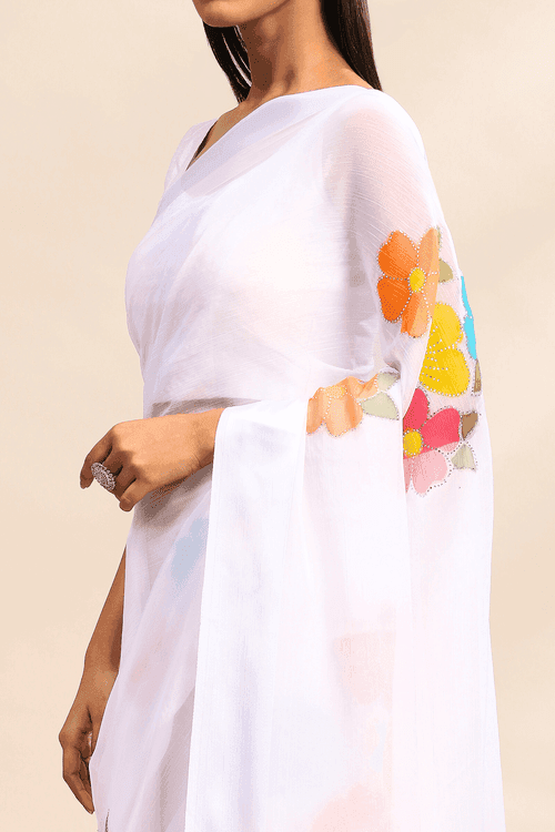 Pearl Blossom Saree | Ready to Wear White Chiffon Saree