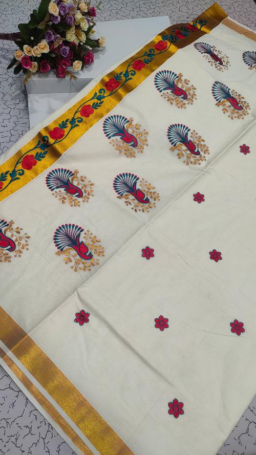 Ready to Wear Floral Embroidered Kasavu Saree
