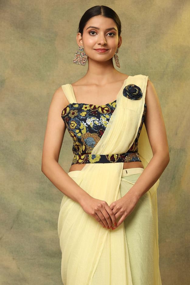 Ready To Wear Yellow Rose Saree with Stitched Blouse