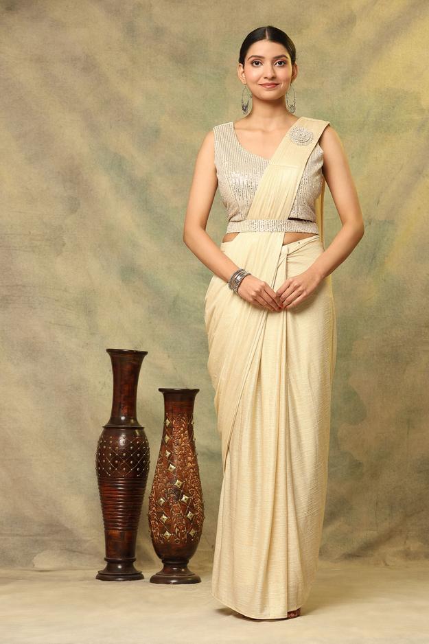 Ready To Wear Golden Shimmer Lycra Saree with Stitched Blouse