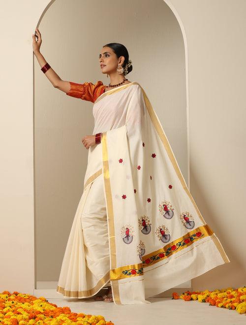 Ready to Wear Floral Embroidered Kasavu Saree